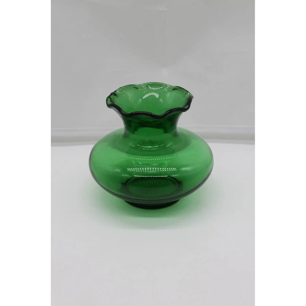 Vtg Collectible MCM Anchor Hocking Forest Green Glass Squat Bud Vase 3.5